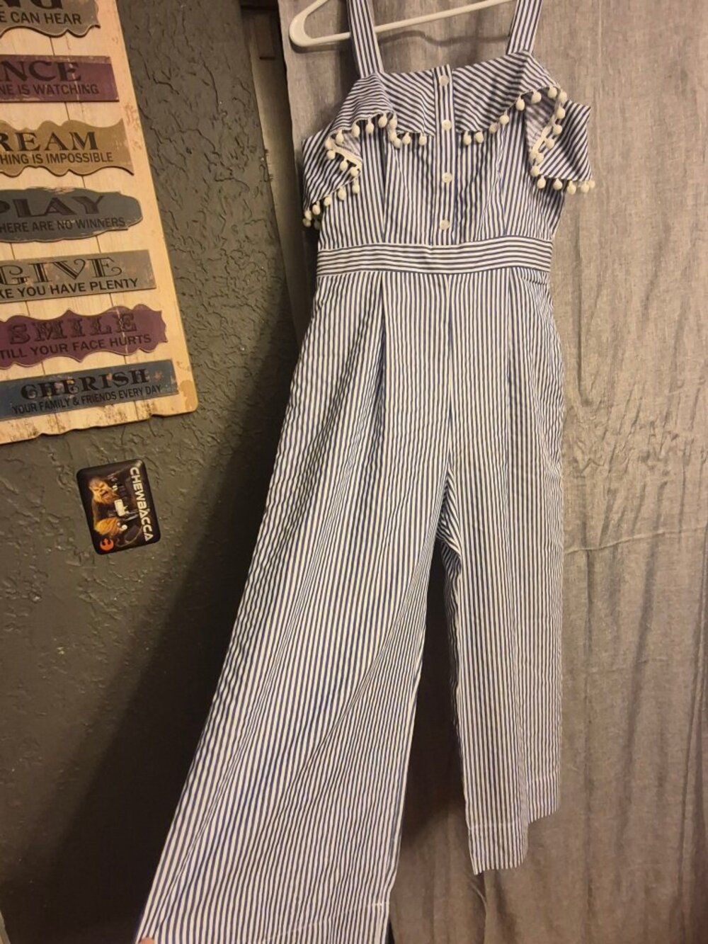Violet Weekend Striped Cold Shoulder Jumpsuit Size 4 Blue White Pom Pom